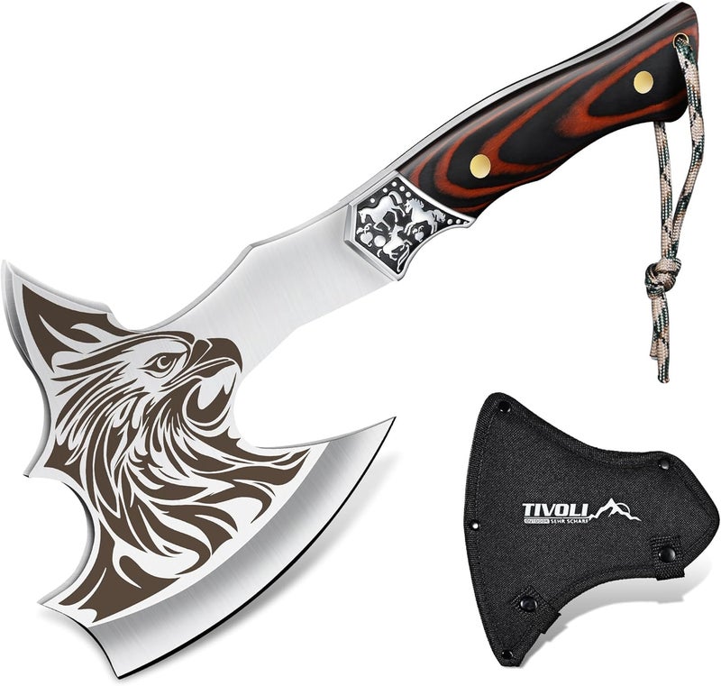 Tivoli Camping Axe, Eagle - Patterned Survival Hatchet with Nylon Sheath, High Carbon Steel Blade Compact Outdoor Bushcraft Axe with Ergonomic Wood Grip, Camping Gear for Hiking, Chopping, Hunting - Image 1
